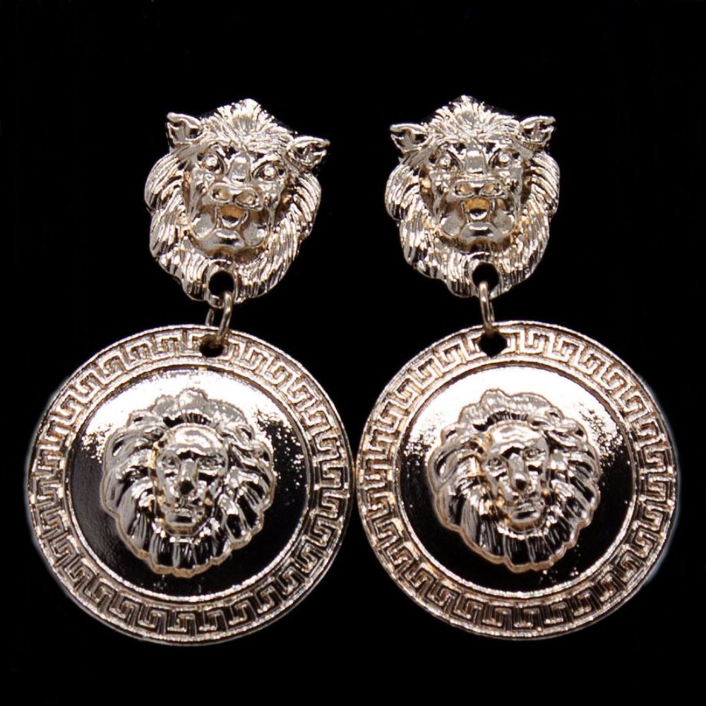 Gold Lion Medallion Drop Earrings